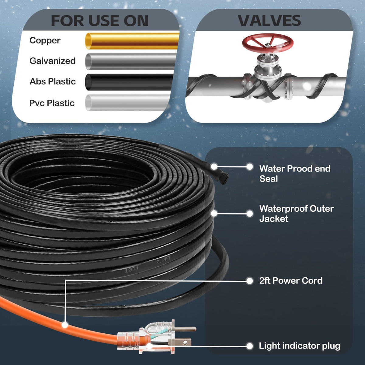 50FT（3FT-200FT） Pipe Heating Cable for Pipe Freeze Protection