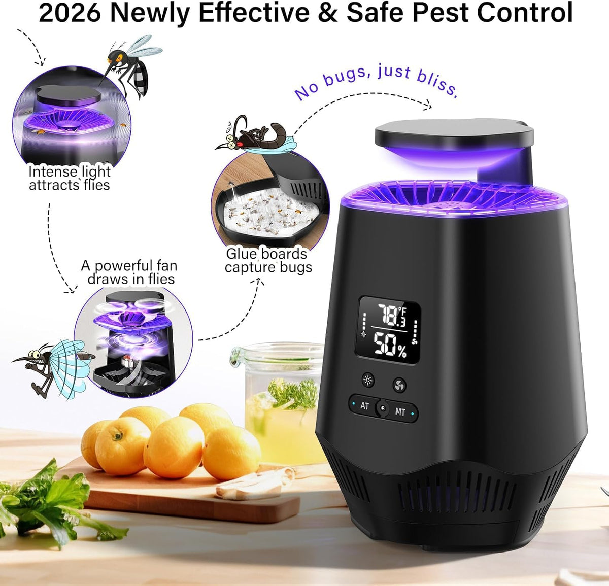 Fruit Fly Traps for Indoors, Smart Fly Trap Indoor Bug Zapper Gnat Traps for House Indoor with Temperature and Humidity Sensor, 10PCS Sticky Boards