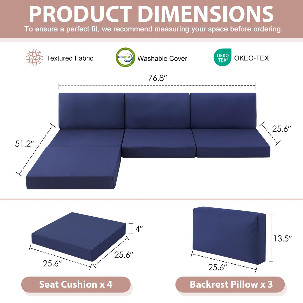 7-Piece Patio Furniture Cushions Set, Replacement Outdoor Cushions for 4-Seat Patio Sectional, Waterproof & Fade Resistant Deep Seat Cushion for