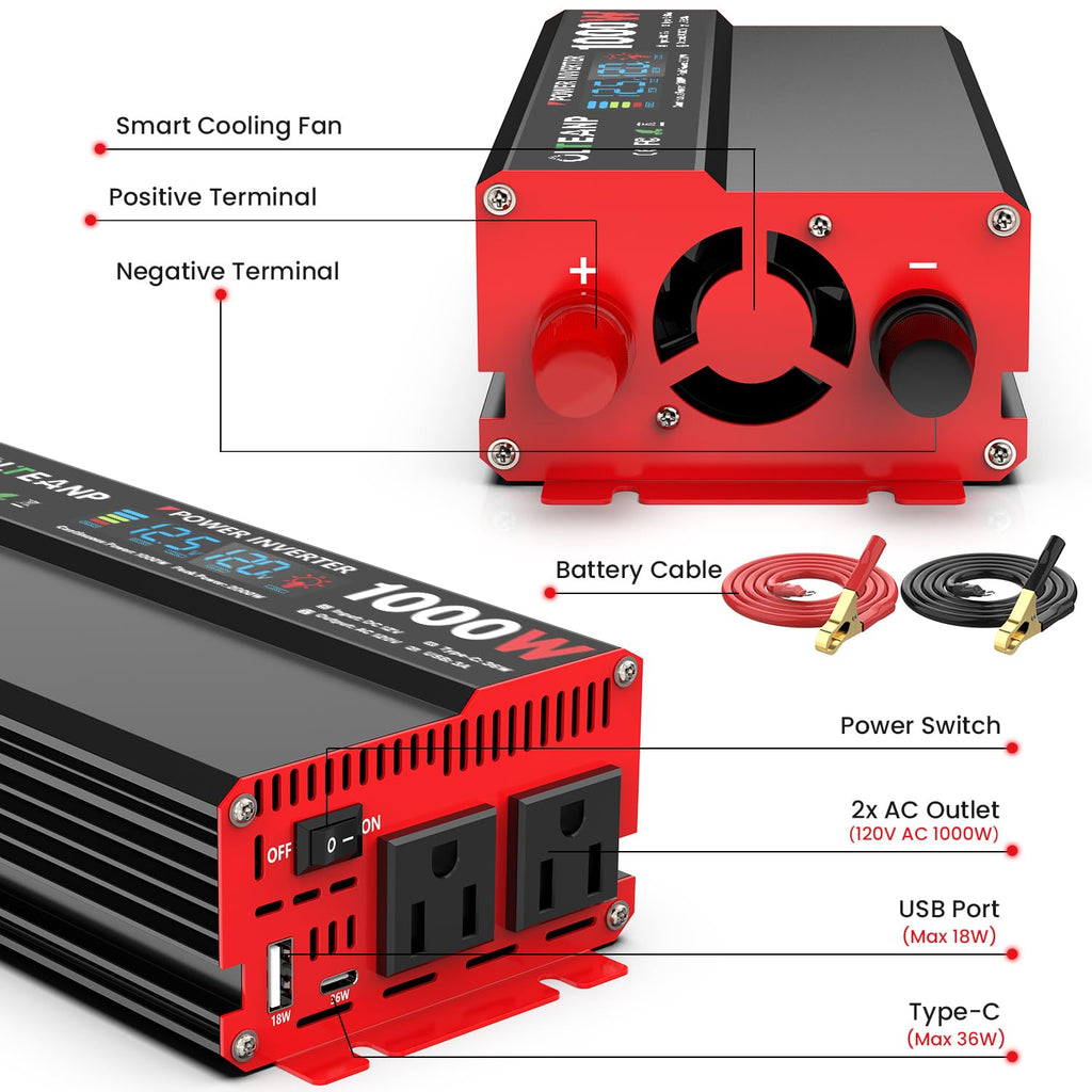 1000W Power Inverter 12V DC to 110V/120V AC Car Converter for Vehicles