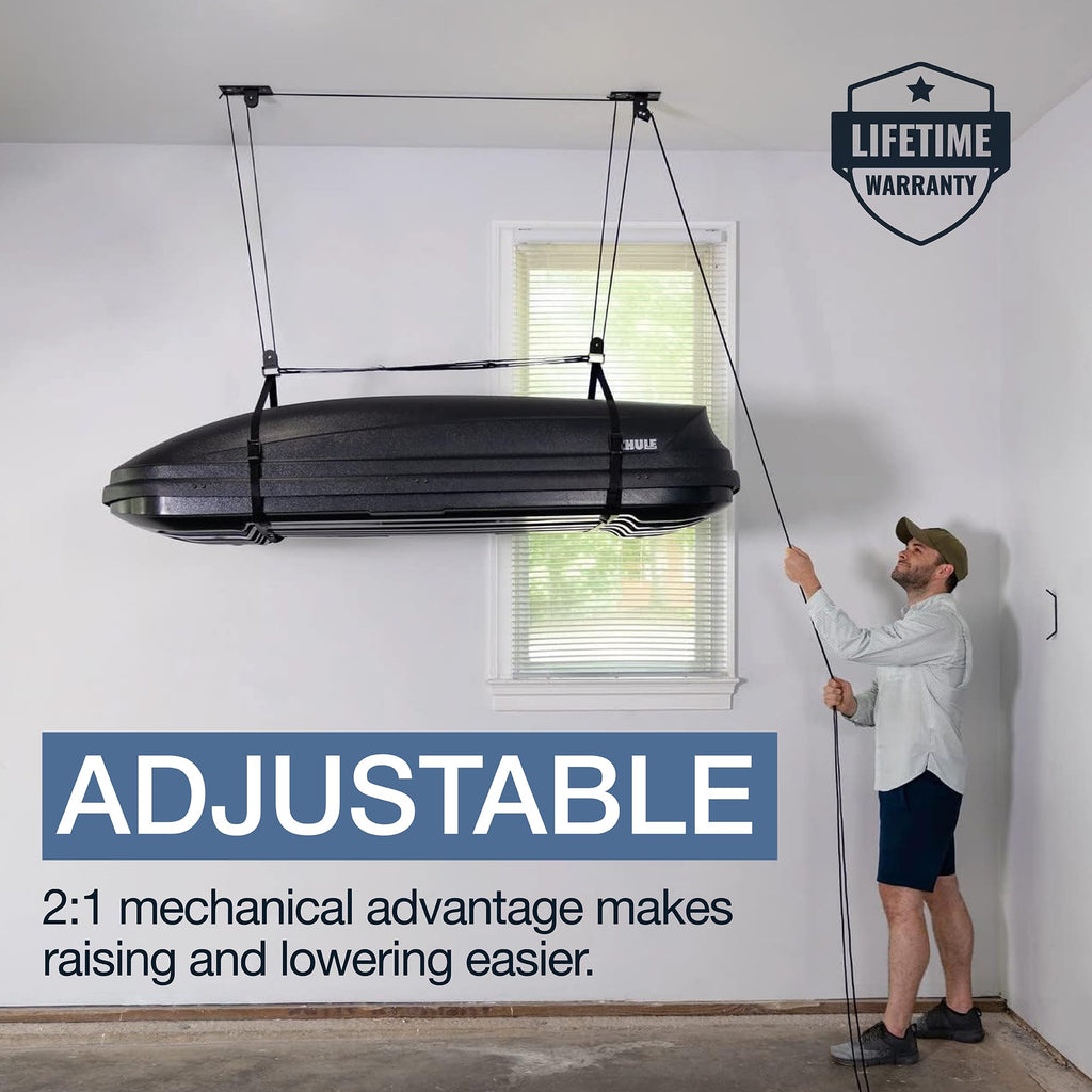 StoreYourBoard Cargo Box Pulley System – Heavy-Duty Garage Hoist Lift for Rooftop Carriers – Garage Storage & Garage Organization Ceiling Hoist with