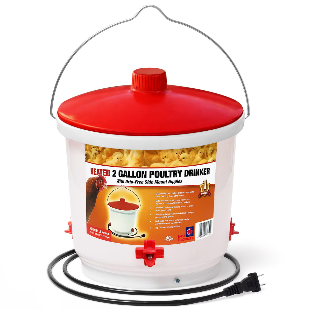 Farm Innovators HB-60P Heated Poultry Waterer Drinker, 2-Gal, 60W