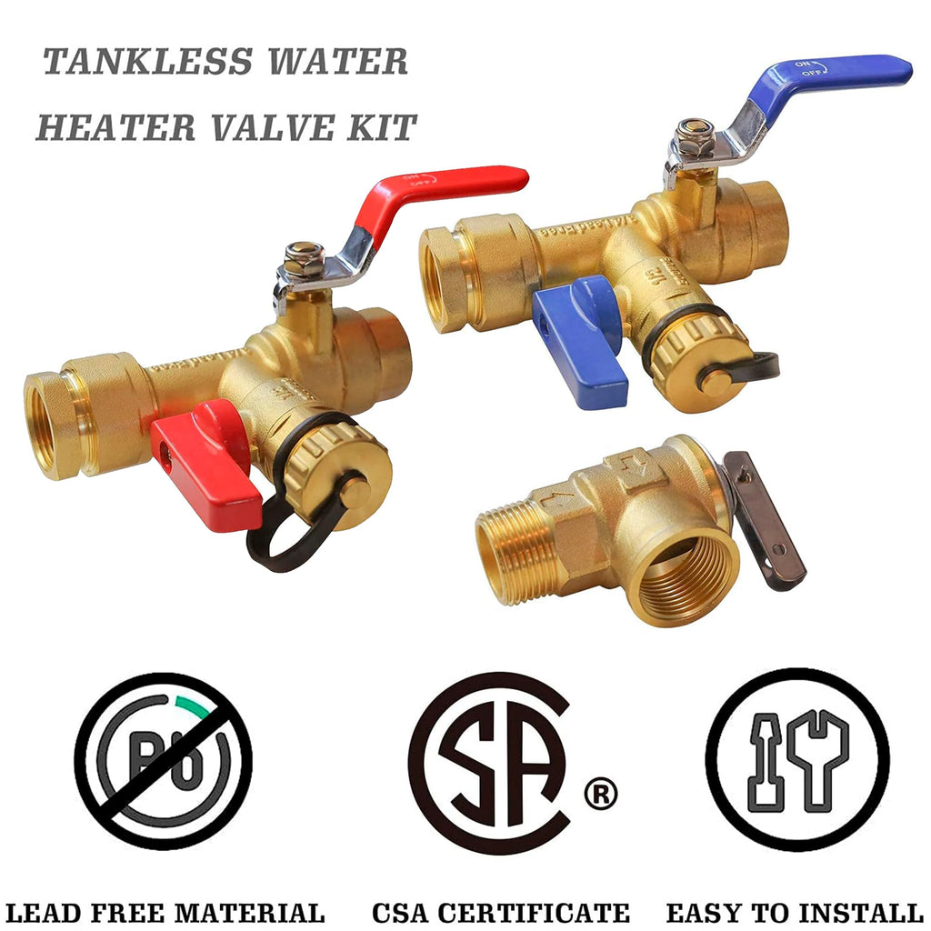 LIULO TOOL 3/4 Inch IPS Isolator Tankless Water Heater Service Valve Kit, with Pressure Relief Valve, Clean Brass