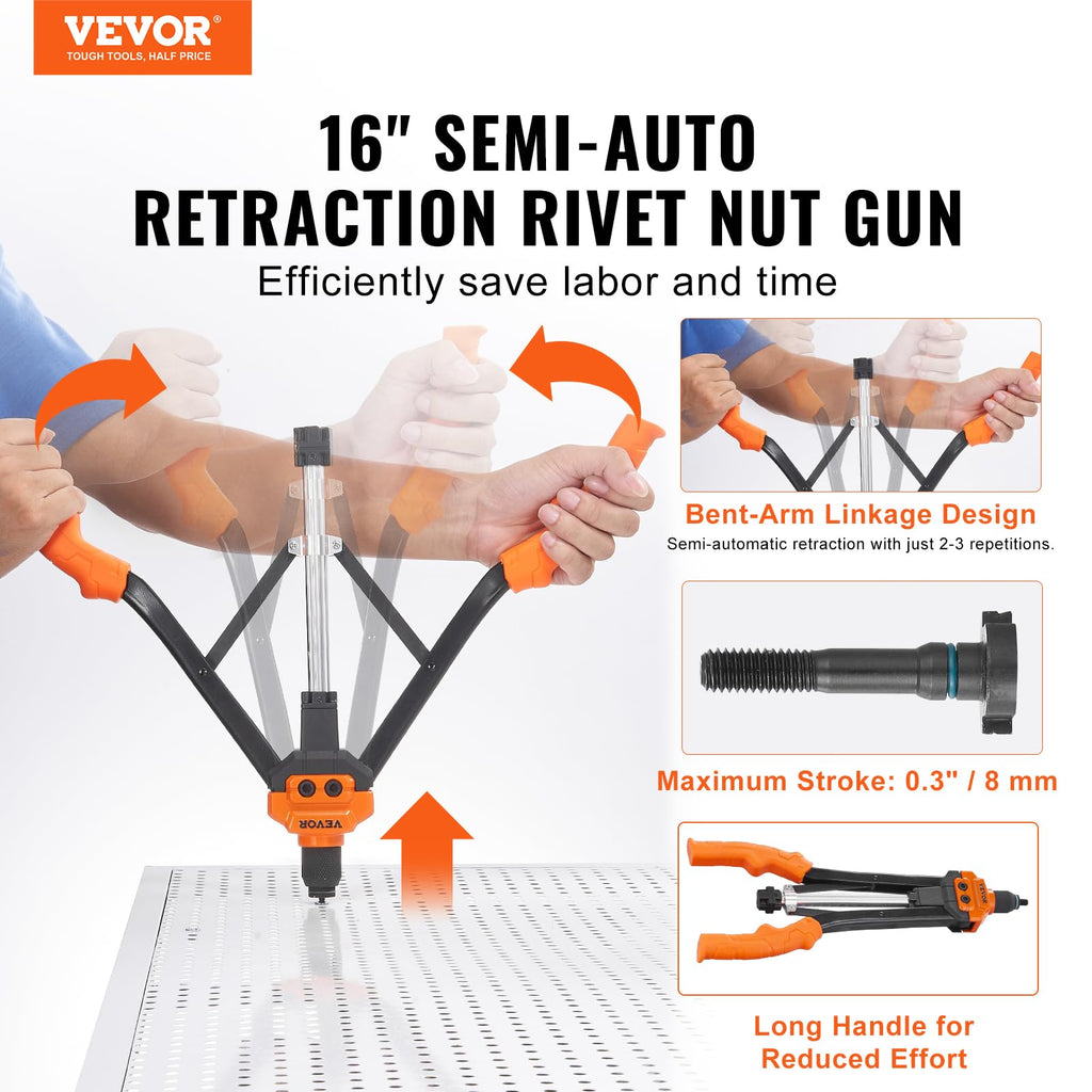 VEVOR Rivet Nut Tool, 16 inch Rivnut Tool Kit with 13PCS Metric and SAE Mandrels, 186PCS Rivet Nuts, Semi-auto Retraction, M3, M4, M5, M6, M8, M10