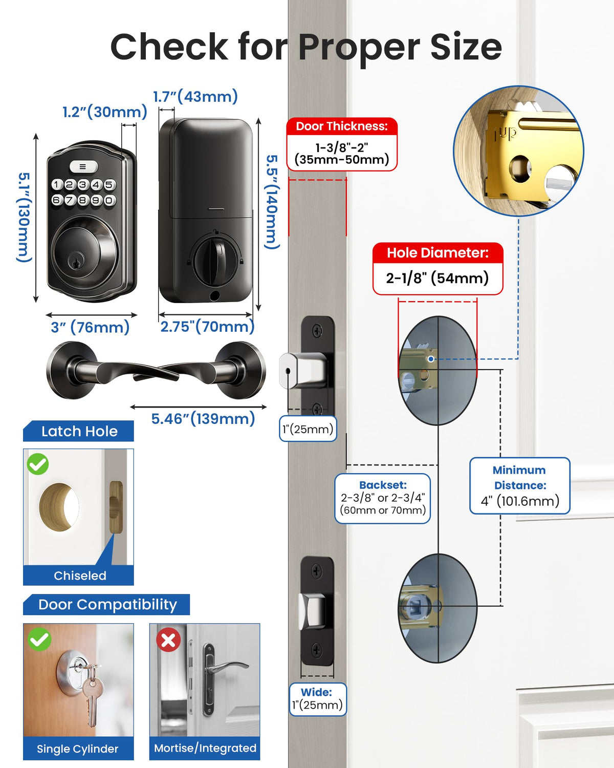 Veise KS01B Keypad Door Lock with 2 Lever Handles Set, Matte Black