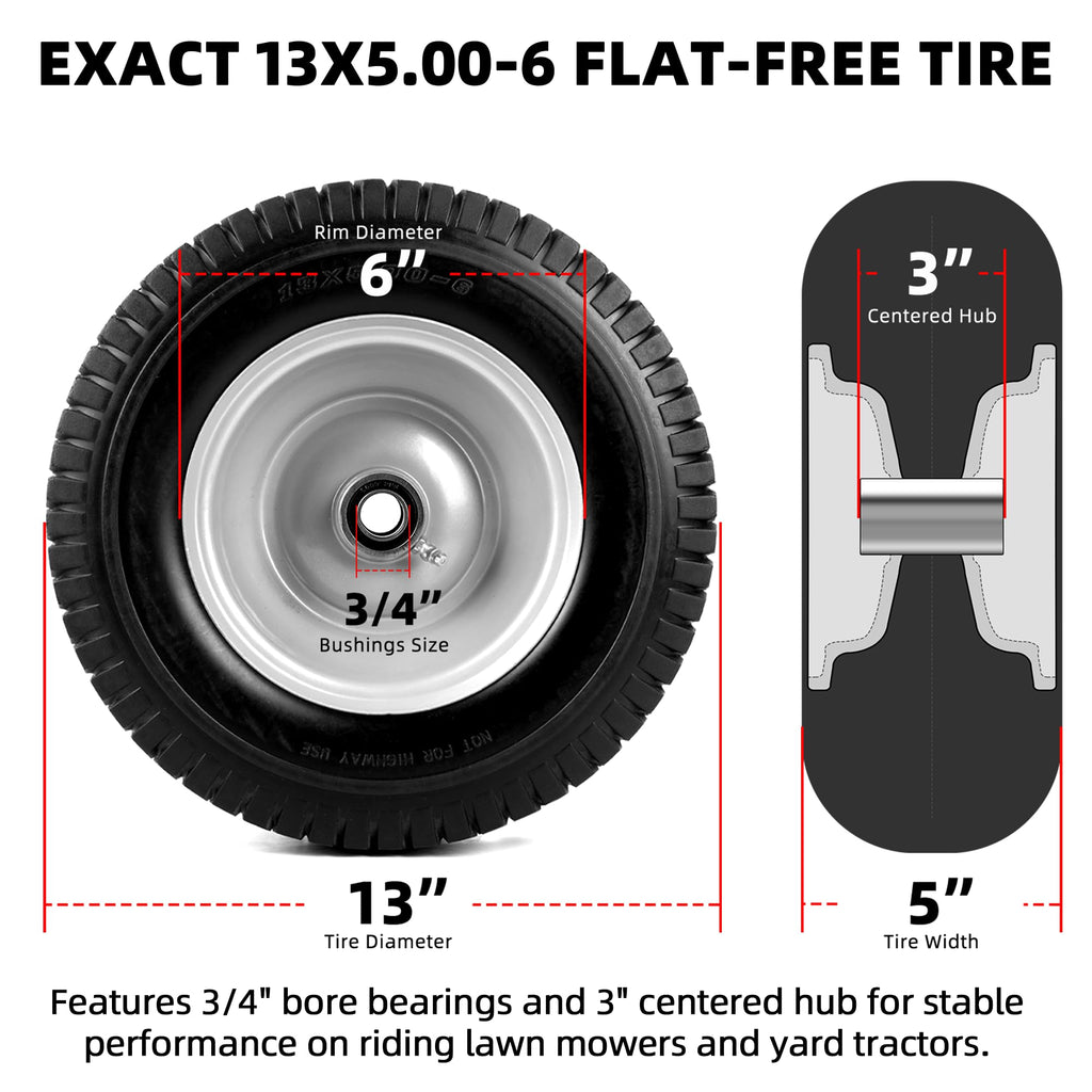 AR-PRO (2 Pack) 13x5.00-6 Flat Free Tire and Wheel Assembly, Solid Lawn Mower Front Tire with 3" Centered Hub, 3/4" Bearing extra 5/8"&1/2"