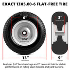 AR-PRO (2 Pack) 13x5.00-6 Flat Free Tire and Wheel Assembly, Solid Lawn Mower Front Tire with 3" Centered Hub, 3/4" Bearing extra 5/8"&1/2"