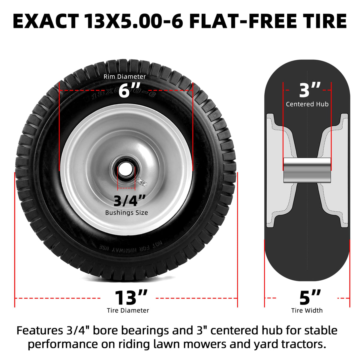 AR-PRO (2 Pack) 13x5.00-6 Flat Free Tire and Wheel Assembly, Solid Lawn Mower Front Tire with 3" Centered Hub, 3/4" Bearing extra 5/8"&1/2"