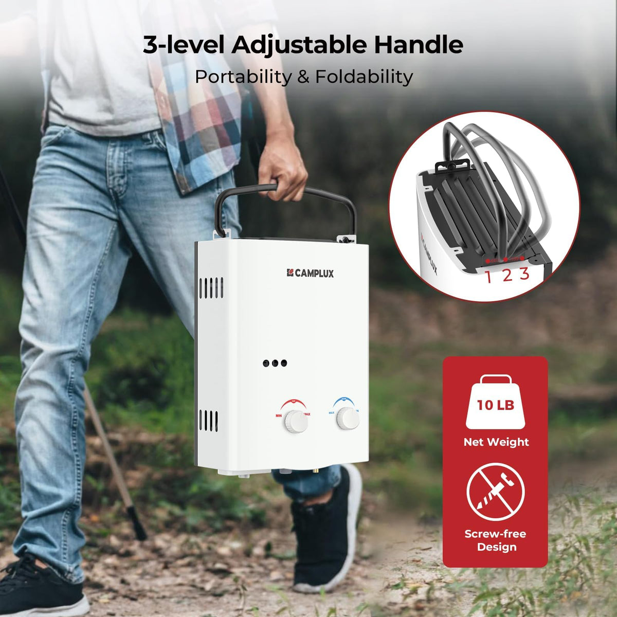 CAMPLUX 5L Portable Tankless Water Heater, 1.32 GPM Outdoor Propane Shower for Camping, RV, Off-Grid, Instant Hot Water with Folding Handle, Overheat