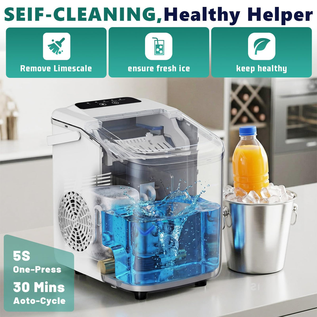 Sweetcrispy Countertop Ice Maker with Scoop, Basket and Handle, Portable Ice Machine 9 Cubes Ready in 6 Mins, 26.5lbs in 24Hrs, 2 Sizes for Home