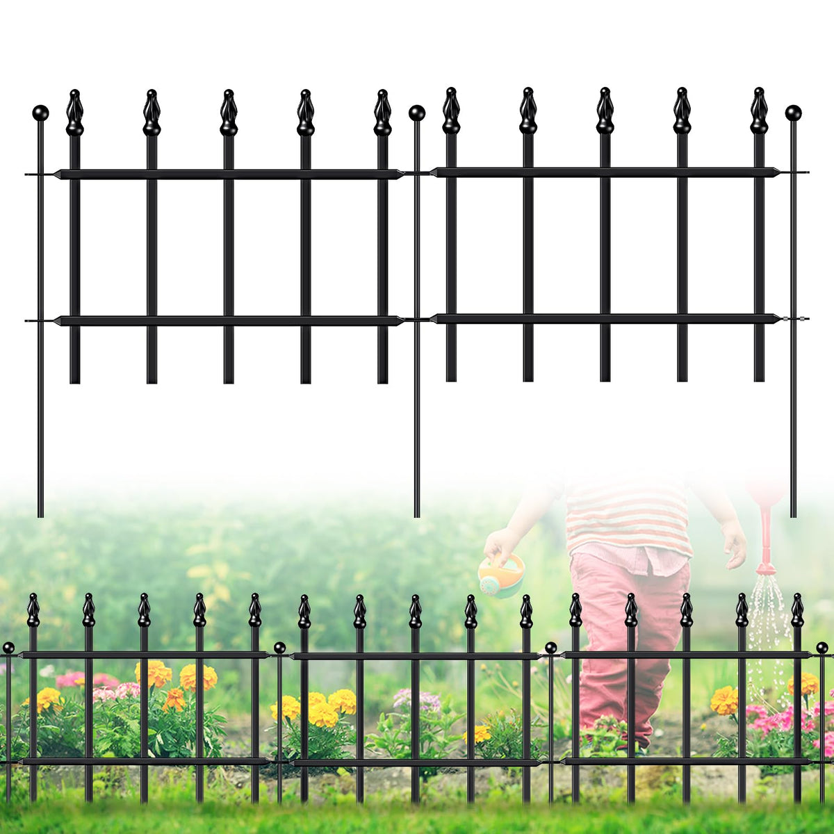 Decorative Metal Garden Fence 11" x 6', Small Fence Border with Stakes