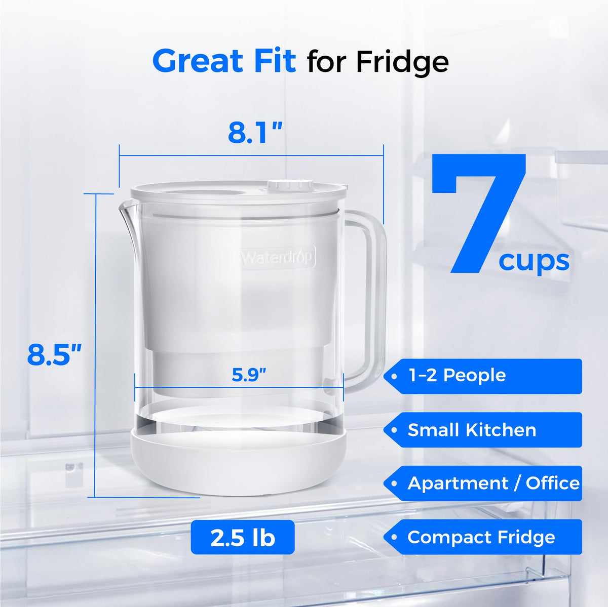 Waterdrop PT-72W Glass Water Filter Pitcher, 7-Cup, Eco-Friendly, White