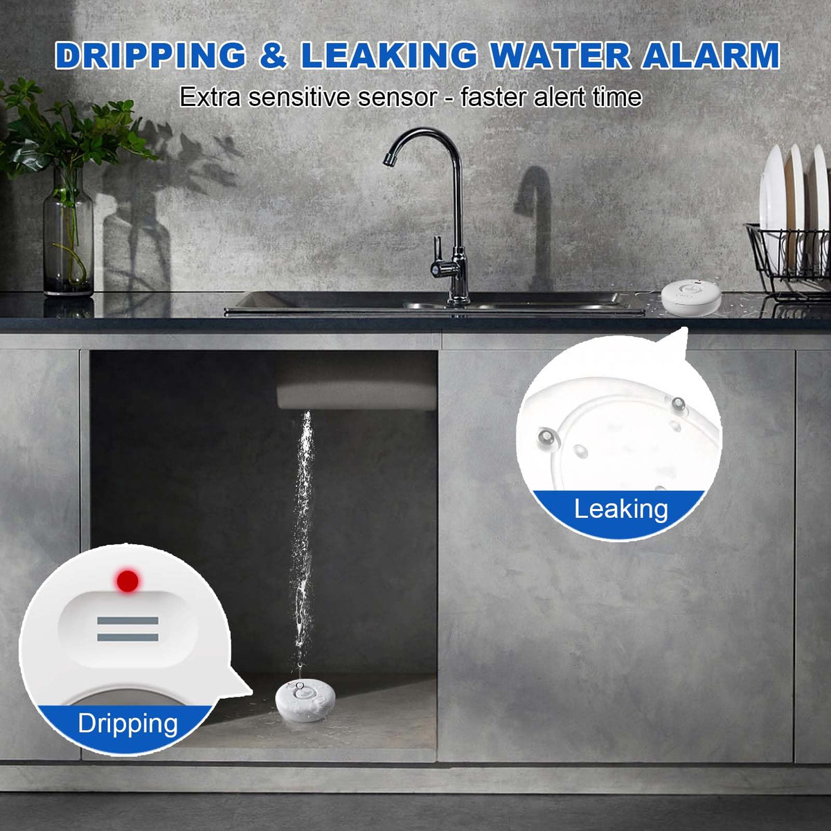 5 Pack Water Leak Alarm Detector, 0-120dB Adjustable, IP67