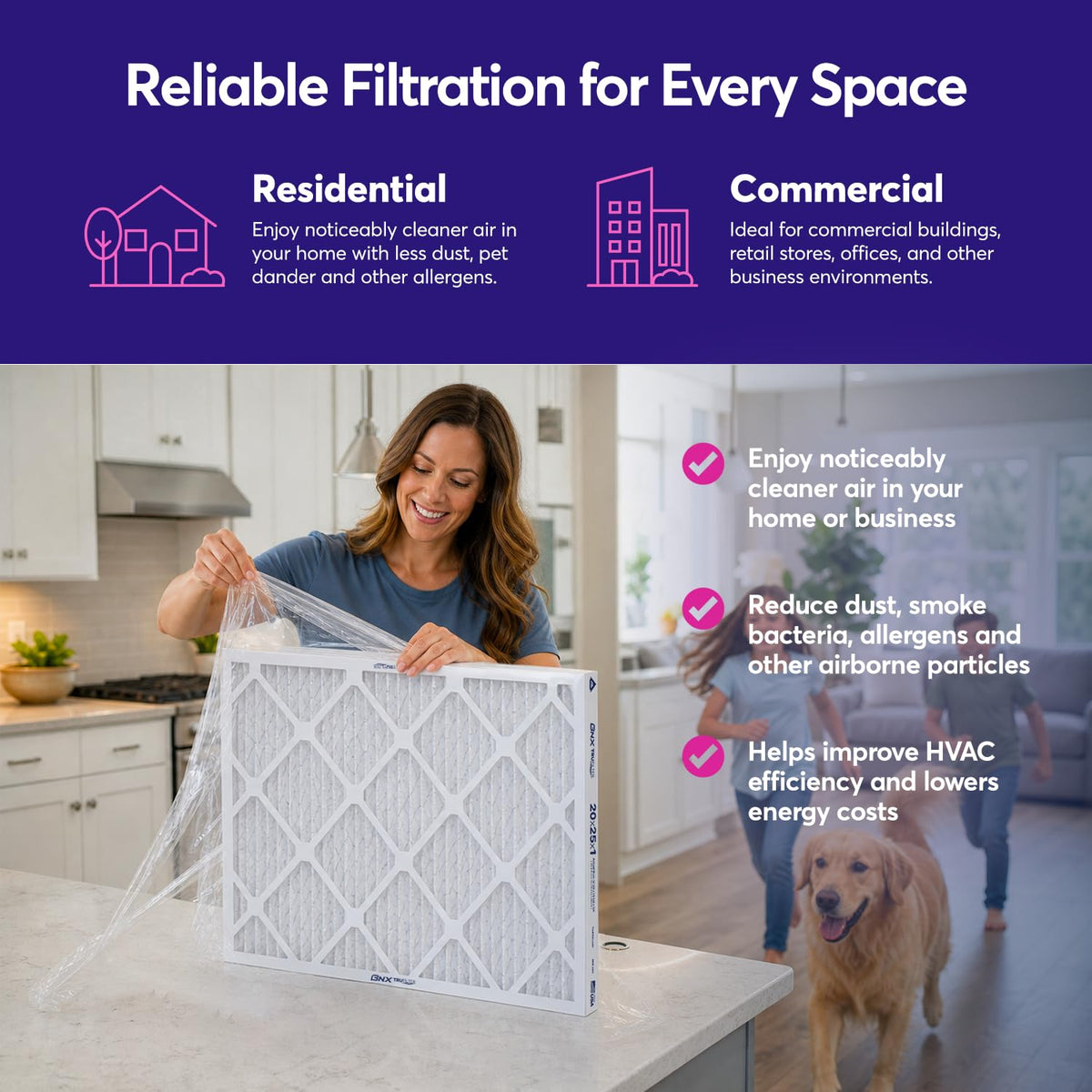 BNX TruFilter 16x20x1 Air Filter MERV 8 Dust, Pet & Allergy Defense 6-Pack
