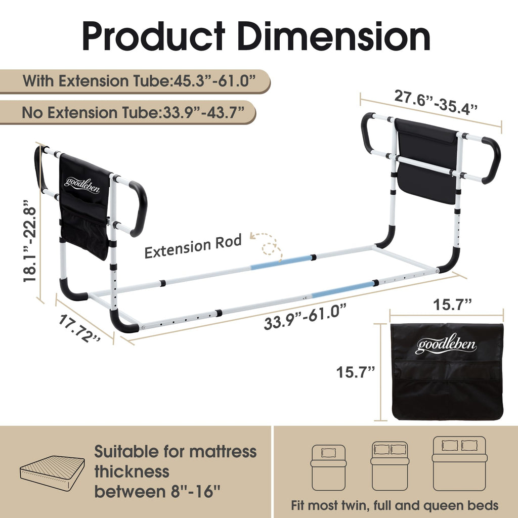 Double Bed Rail for Elderly Adults Safety, Adjustable Bed Assist Rail, Dual Side Bed Rail for Seniors Safety, Under Mattress Bed Guard Rail for Fall
