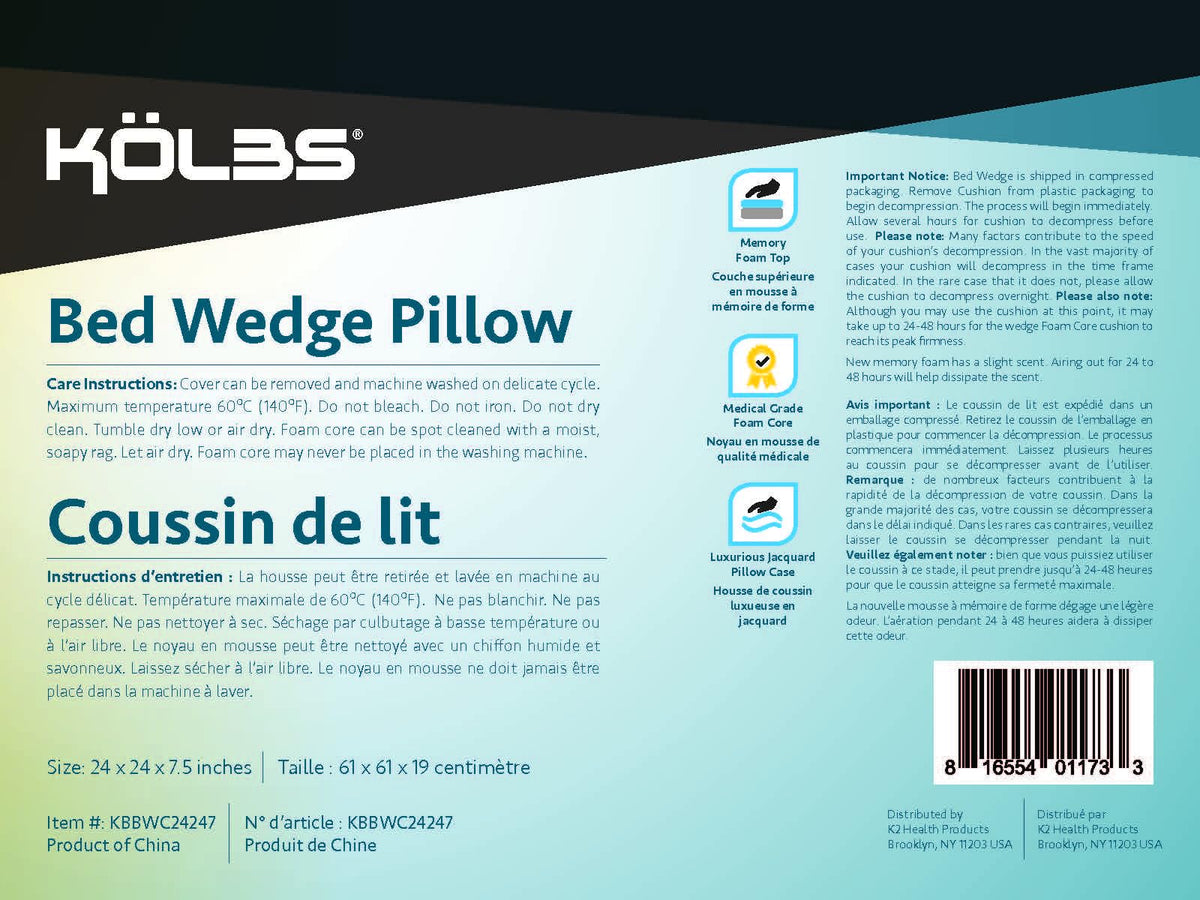 Kolbs Bed Wedge Pillow for Sleep Apnea, FSA Eligible Acid Reflux, and Back Pain Relief, with Chic Jacquard Cover - Headboard Wedges for Sleeping