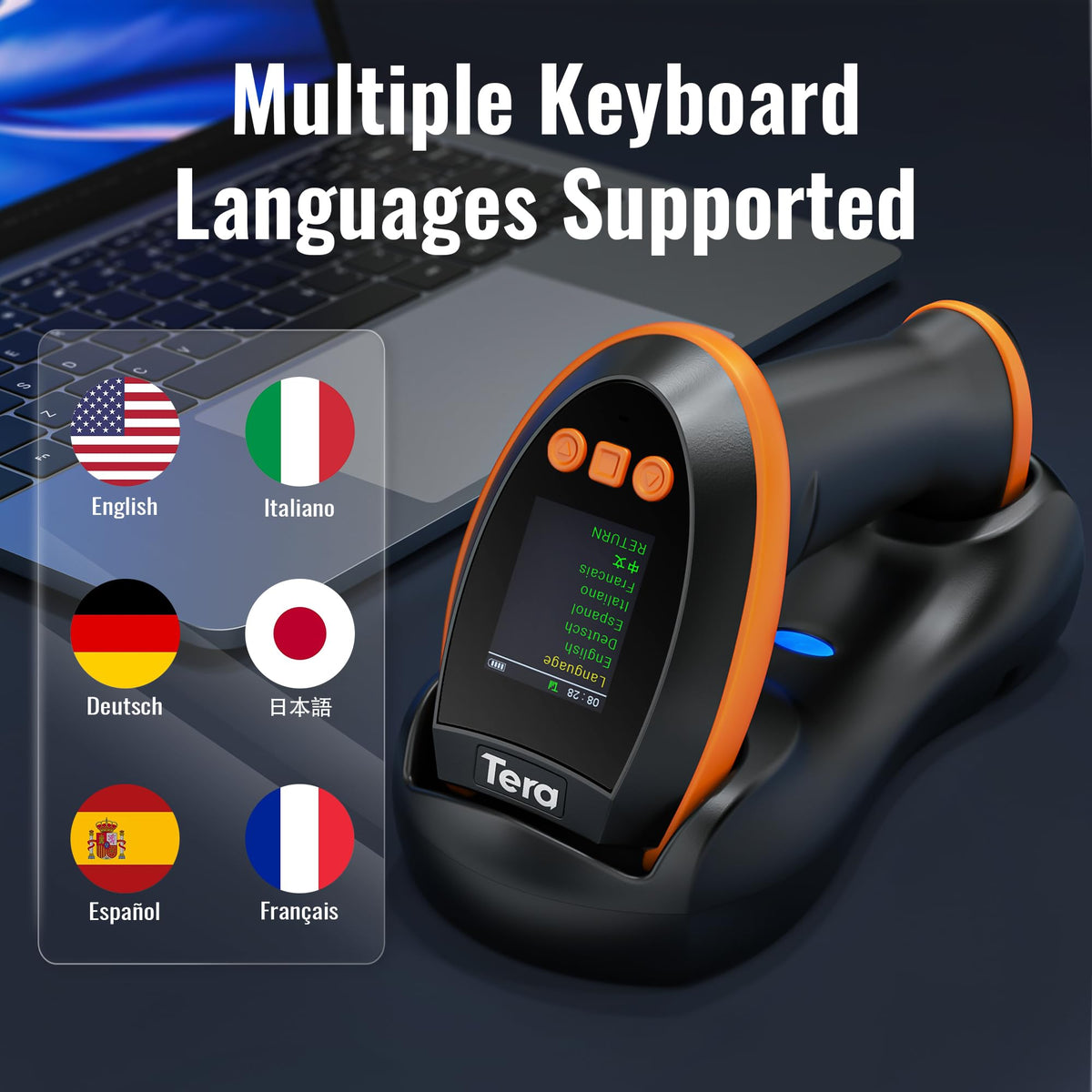 Tera Barcode Scanner Wireless with Screen: Pro Version 1D 2D QR with Setting Keypad Charging Cradle Works with Bluetooth 2.4G Wireless USB Wired