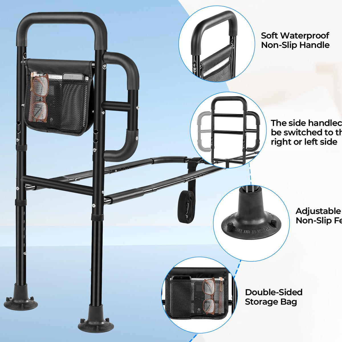 Bed Rails for Elderly Adults Safety, ASTM Tested 400 LBS Bed Assist Rail with Side Assist Handle, Ergonomic Foam Grip, Bed Cane for Seniors