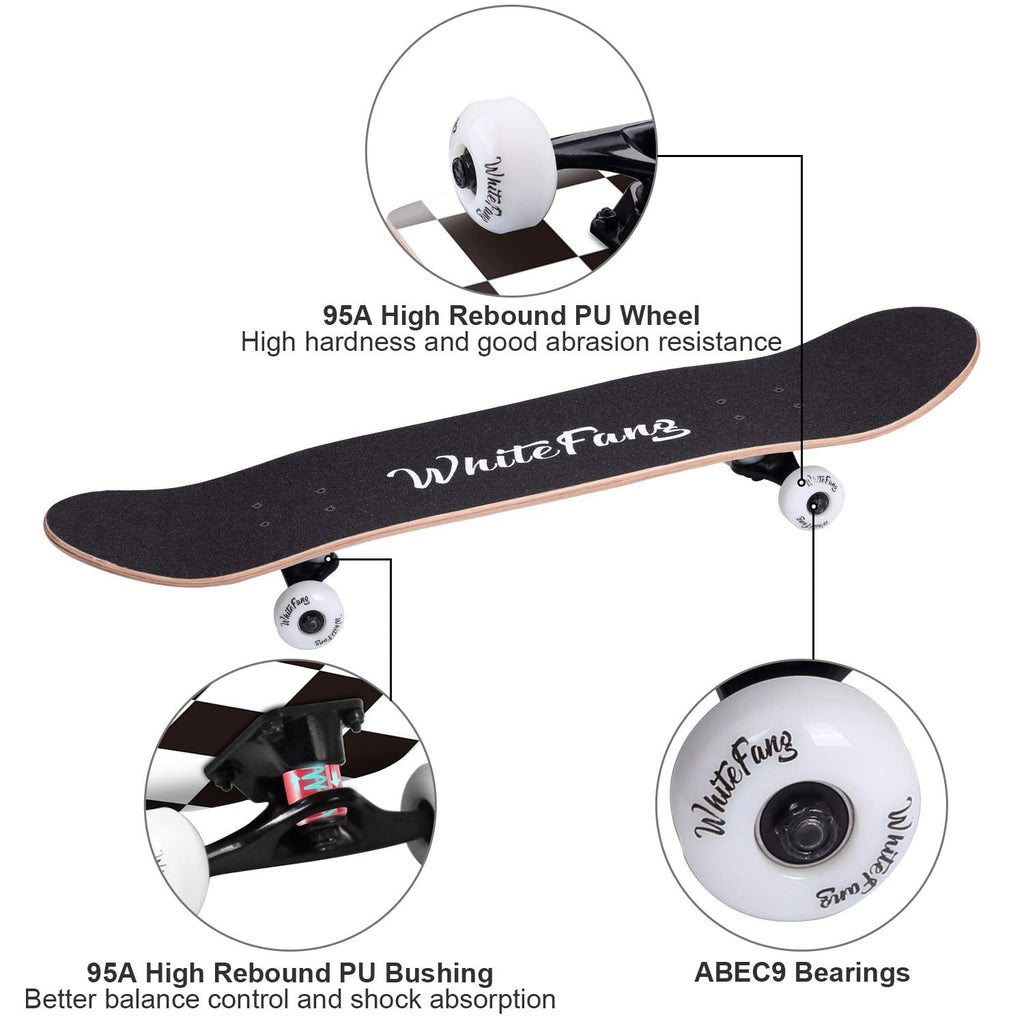 WhiteFang Skateboards for Beginners, Complete Skateboard 31 x 7.88, 7 Layer Canadian Maple Double Kick Concave Standard and Tricks Skateboards for