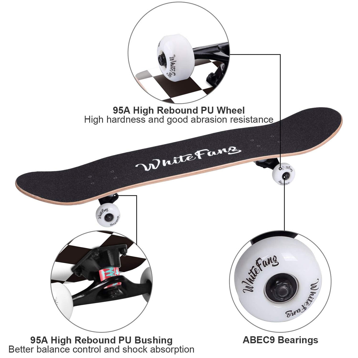 WhiteFang Skateboards for Beginners, Complete Skateboard 31 x 7.88, 7 Layer Canadian Maple Double Kick Concave Standard and Tricks Skateboards for