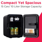 Frigidaire Mini Personal Fridge Cooler, Countertop, Holds Up to 10L/15 Cans, Brushed Black Stainless Rugged Design, Portable for Skincare, Makeup