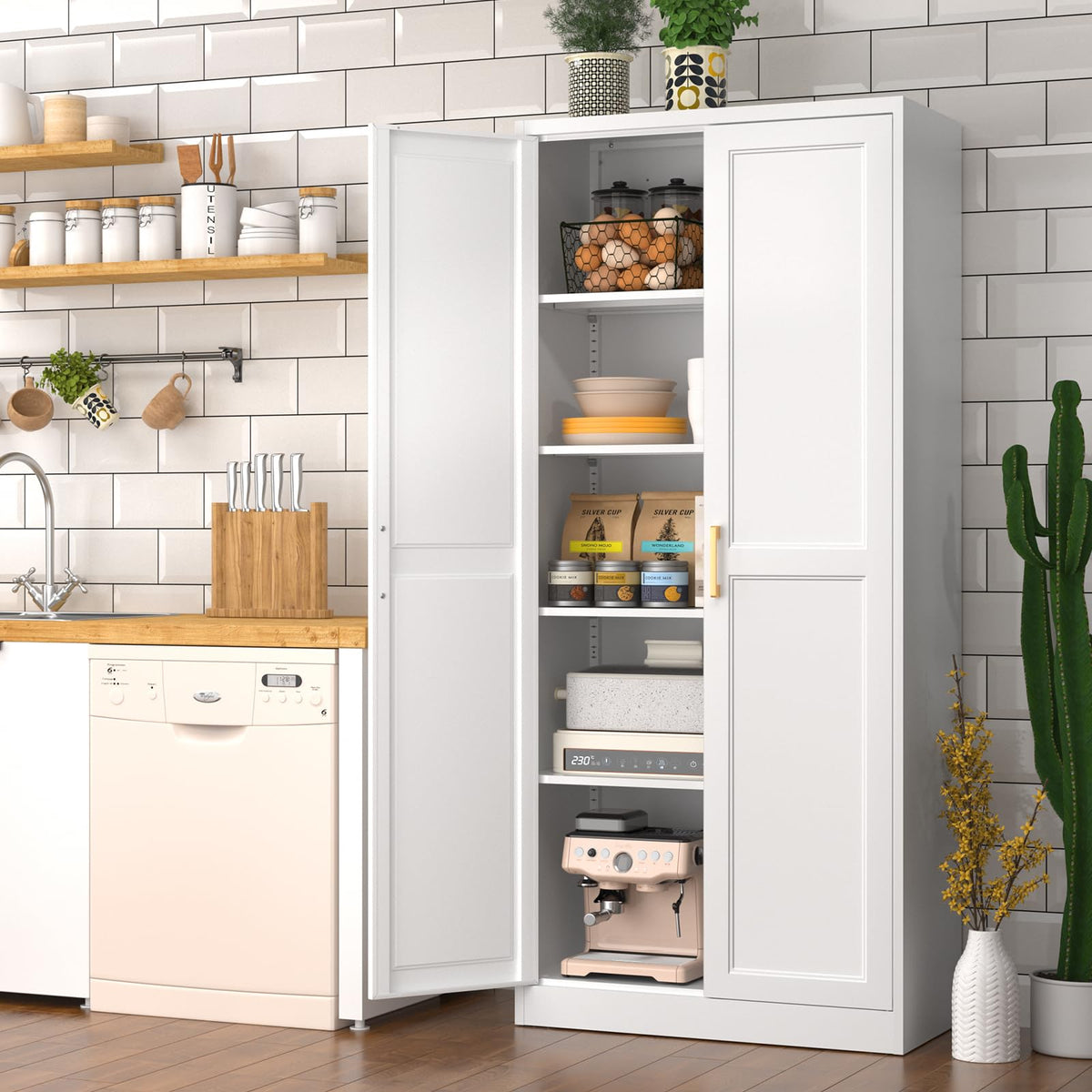 71" White Metal Kitchen Pantry Storage Cabinet with Doors and Shelves