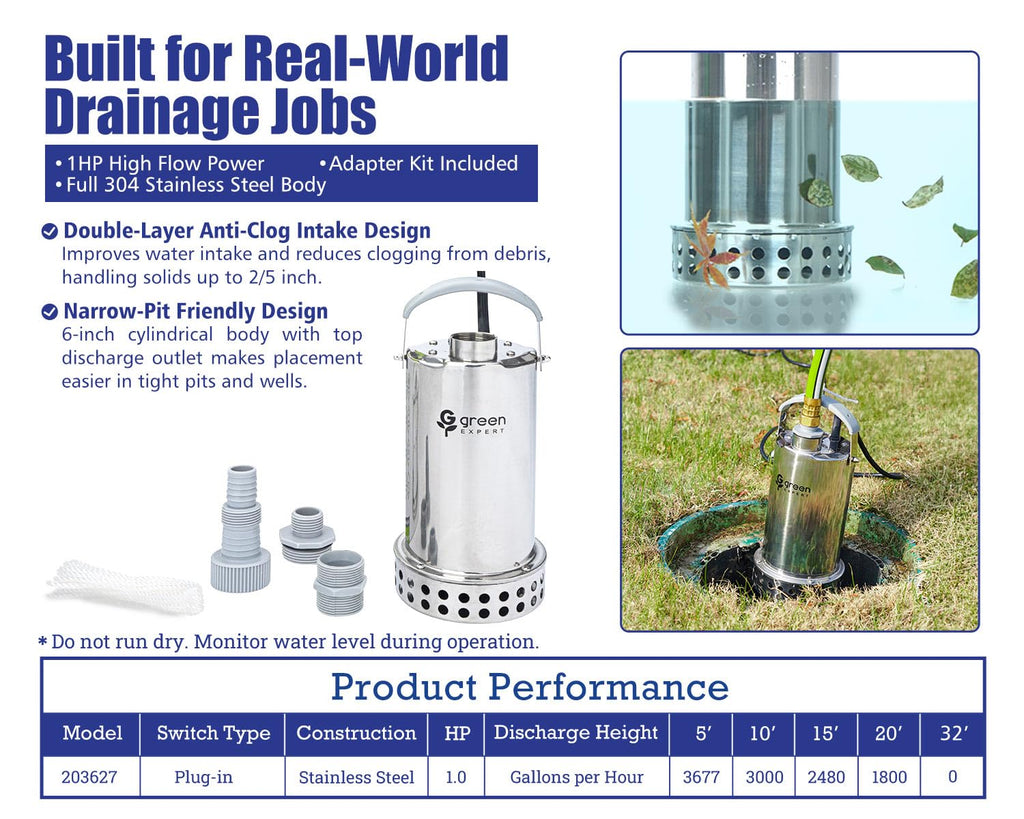 Green Expert 1HP Submersible Sump Pump, 4000GPH Full 304 Stainless Steel Manual Utility Pump with Adapter Kit, Oil-Free Top Discharge Water Removal