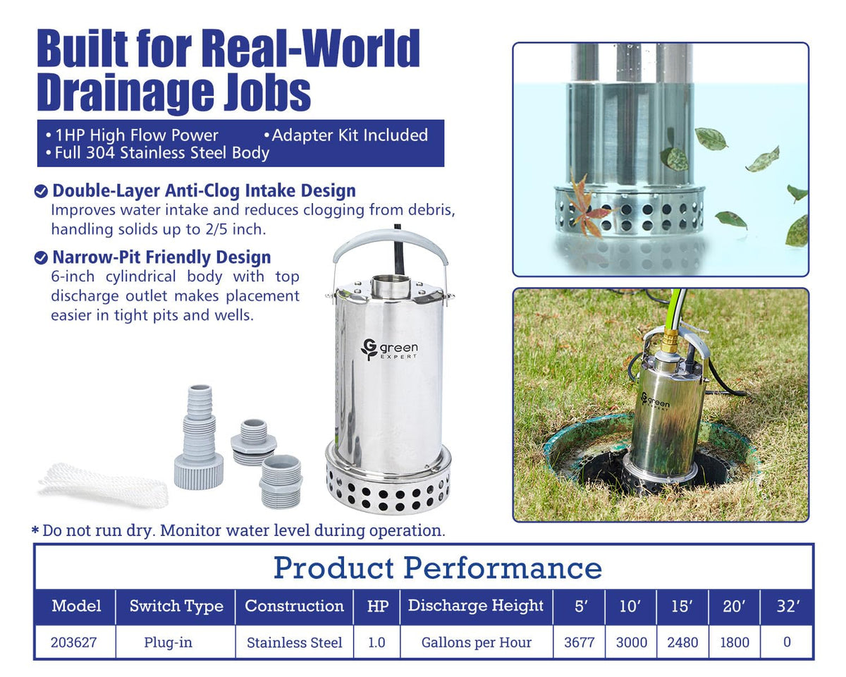 Green Expert 1HP Submersible Sump Pump, 4000GPH Full 304 Stainless Steel Manual Utility Pump with Adapter Kit, Oil-Free Top Discharge Water Removal