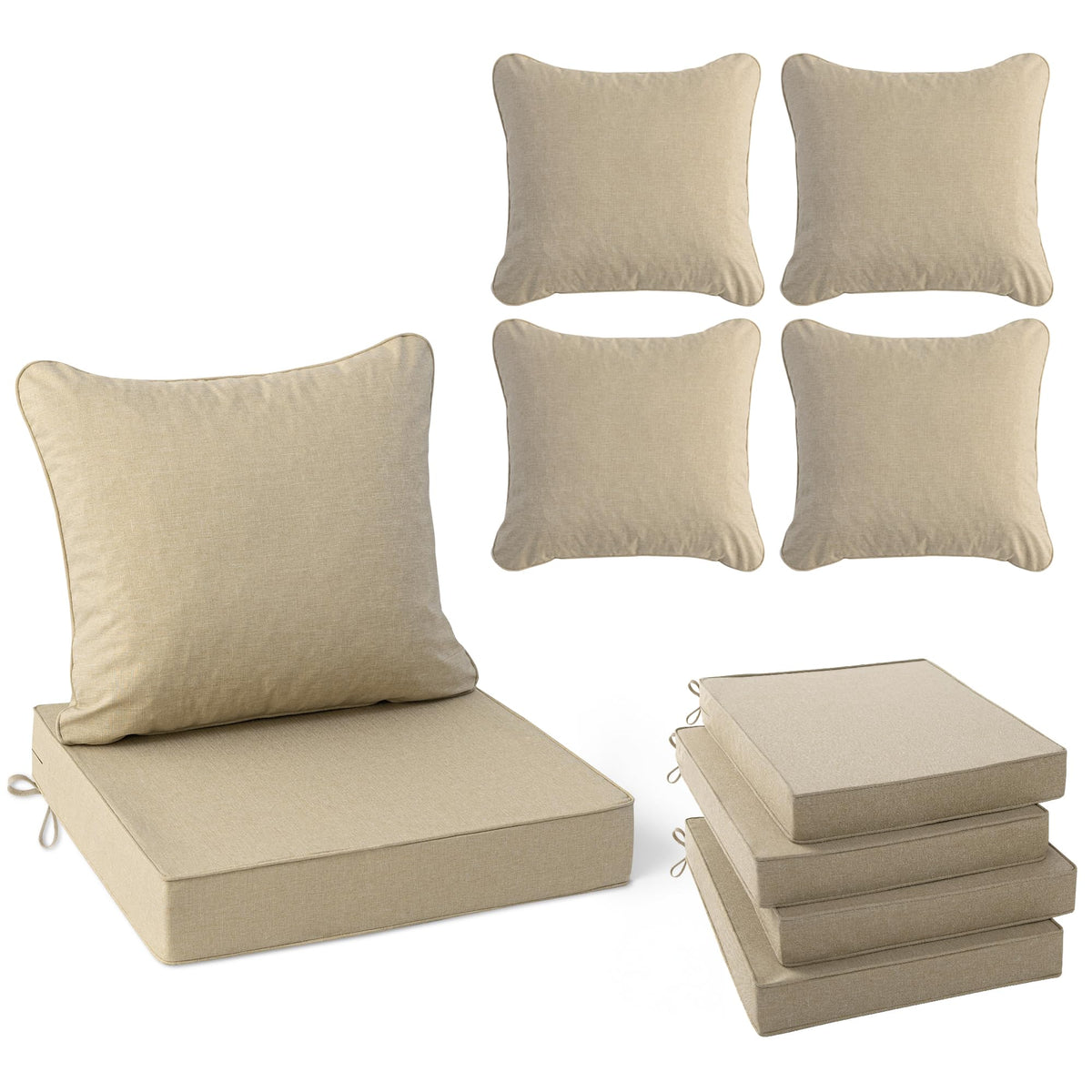 Outdoor Chair Cushions Set of 4, Faux Linen Patio Furniture Cushions, Water Resistant Backrest and Deep Seat Cushion Set with Ties, Removable Cover