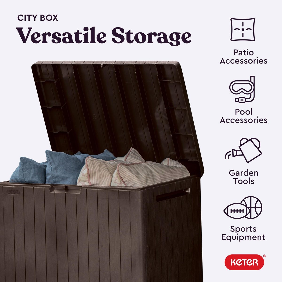 Keter City 30 Gallon Resin Outdoor Storage Box and Patio Furniture Side Table for Pool and Garden Accessories, Brown