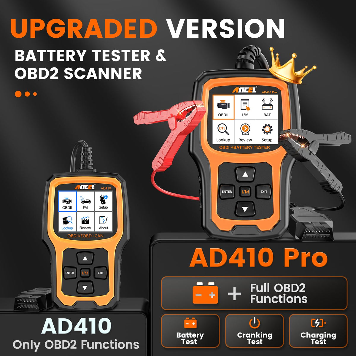 ANCEL AD410 PRO OBD2 Scanner and Battery Tester, 2-in-1 Car Diagnostic Tool, Check Engine Light, EVAP Test, Live Data, 12V Battery Analyzer with