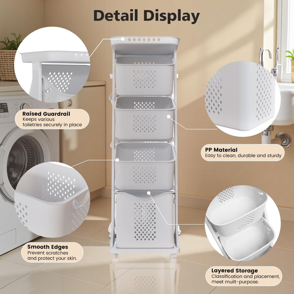 BAOKALER 4-Tier Laundry Hamper Sorter, Vertical Laundry Baskets with Wheel