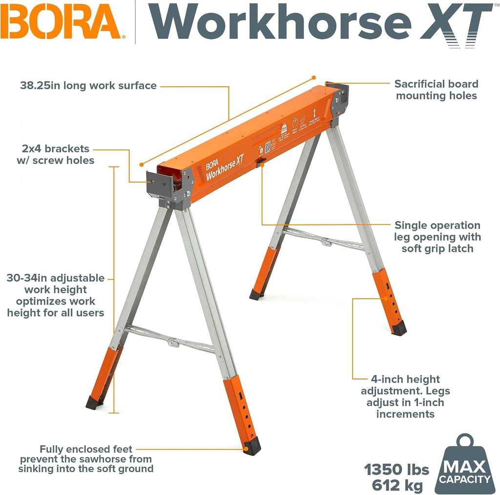 BORA Workhorse XT Saw Horses 2 Pack Adjustable Folding Heavy Duty Sawhorse