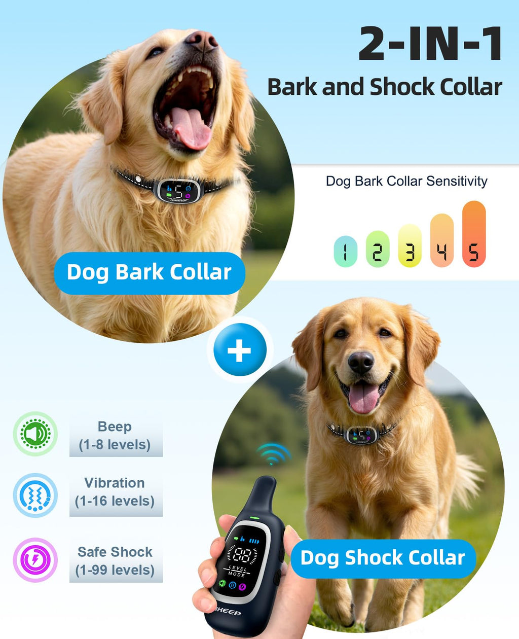 2-in-1 Dog Shock Collar and Bark Collar for Dogs – 3300FT Dog Training Collar with Remote, IP67 Waterproof e Collar with Anti