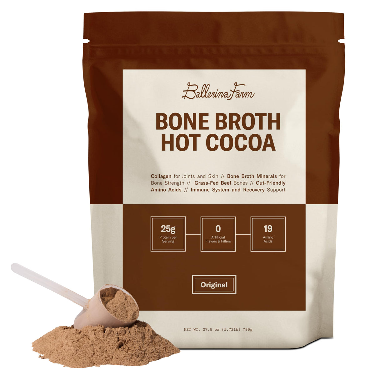 Ballerina Farm Bone Broth Hot Cocoa Mix, Grass Fed Collagen, 25g Protein