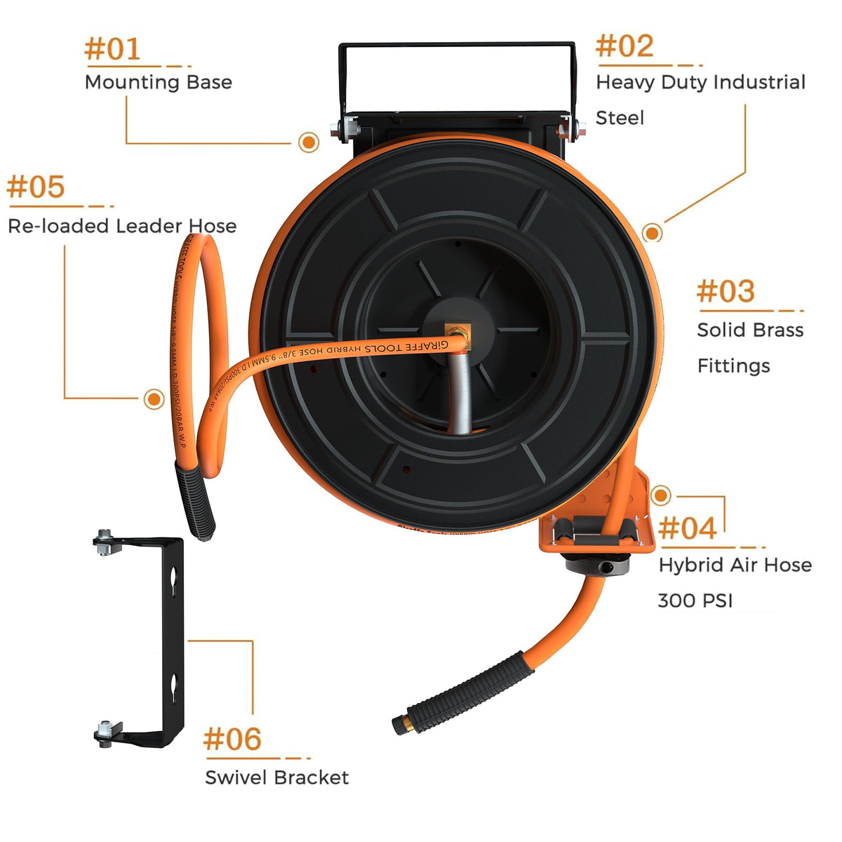 Giraffe Tools Retractable Air Hose Reel 50ft with Swivel Bracket 3/8"