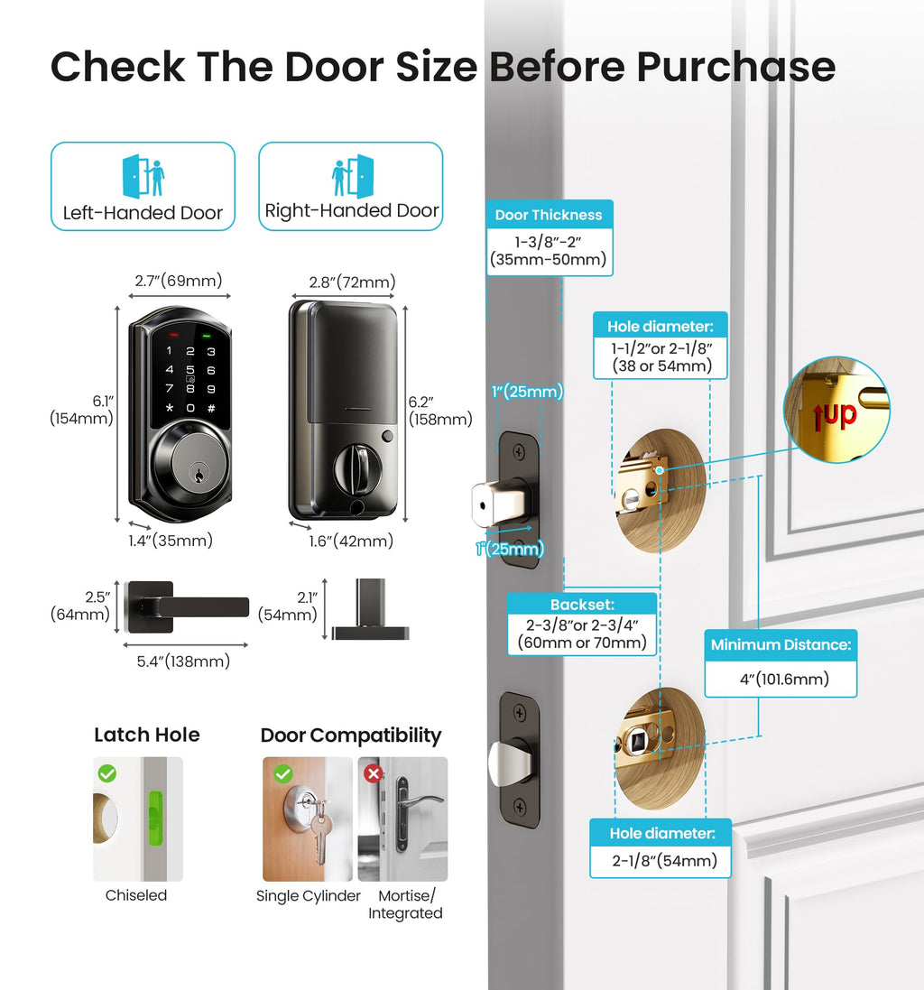 Veise VE06-L Smart Deadbolt Lock with 2 Lever Handle Set, Matte Black