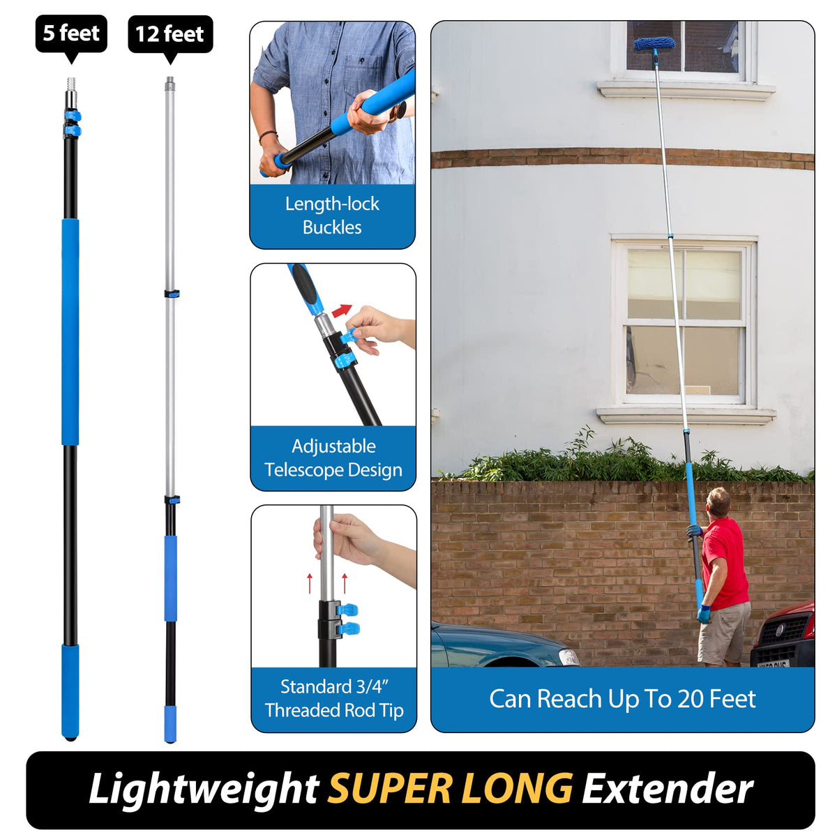 20 Feet High Reach Duster Kit with 5-12 Ft Extension Pole, Cobweb Duster with Telescoping Pole, Window Squeegee with Scrubber, Spider Web Brush, High