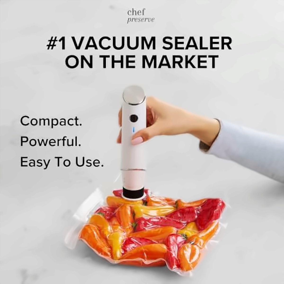 Chef Preserve Compact Vacuum Sealer for Food (Vacuum Sealer Machine + 20 Reusable Vacuum Bags) Powerful Handheld Vacuum Sealer Machine, Seal Meal
