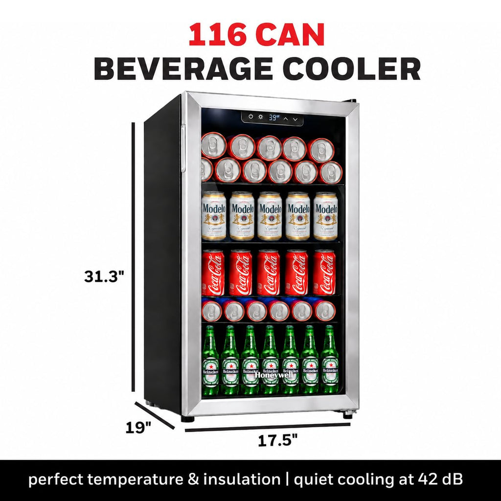 Honeywell Beverage Refrigerator and Cooler, 116 Can Mini Fridge with Glass Door for Soda Beer or Wine for Office or Bar with Adjustable Removable