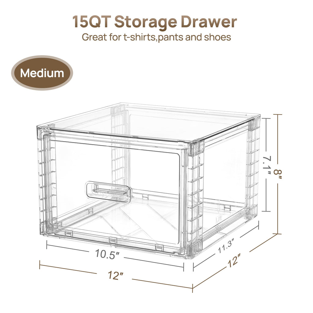 Vtopmart 4 Pack Clear Stackable Closet Storage Drawers 15QT, Medium