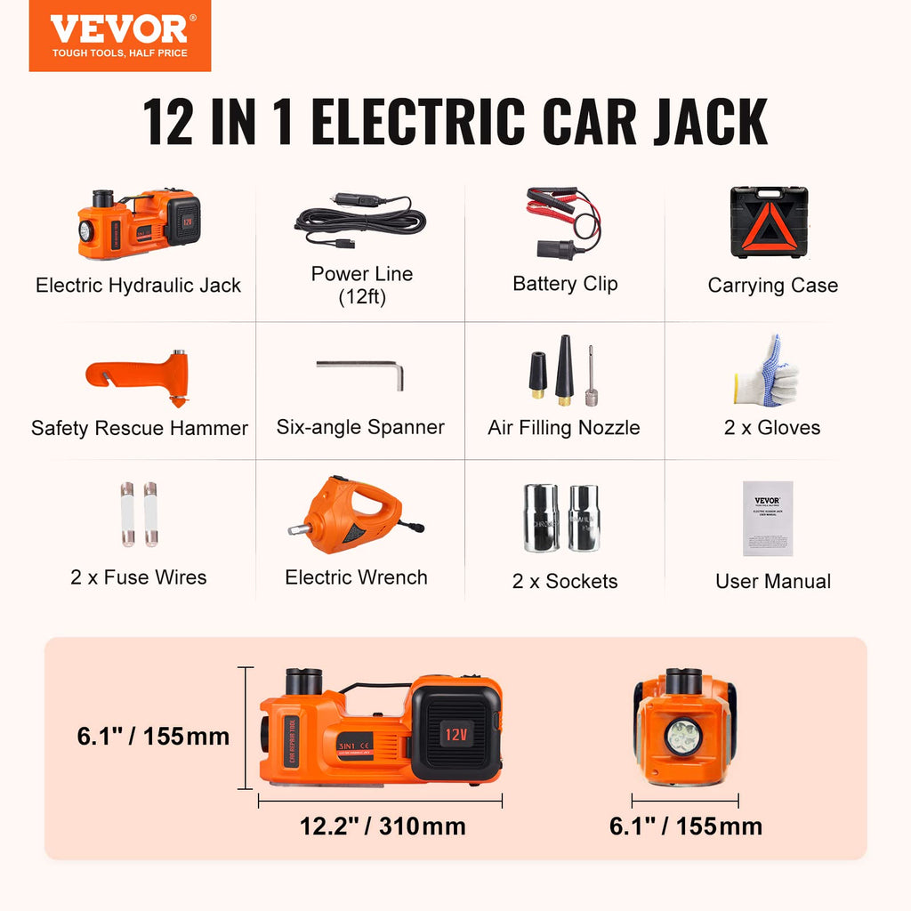 VEVOR Electric Car Jack 5 Ton with Electric Impact Wrench & Inflator Pump