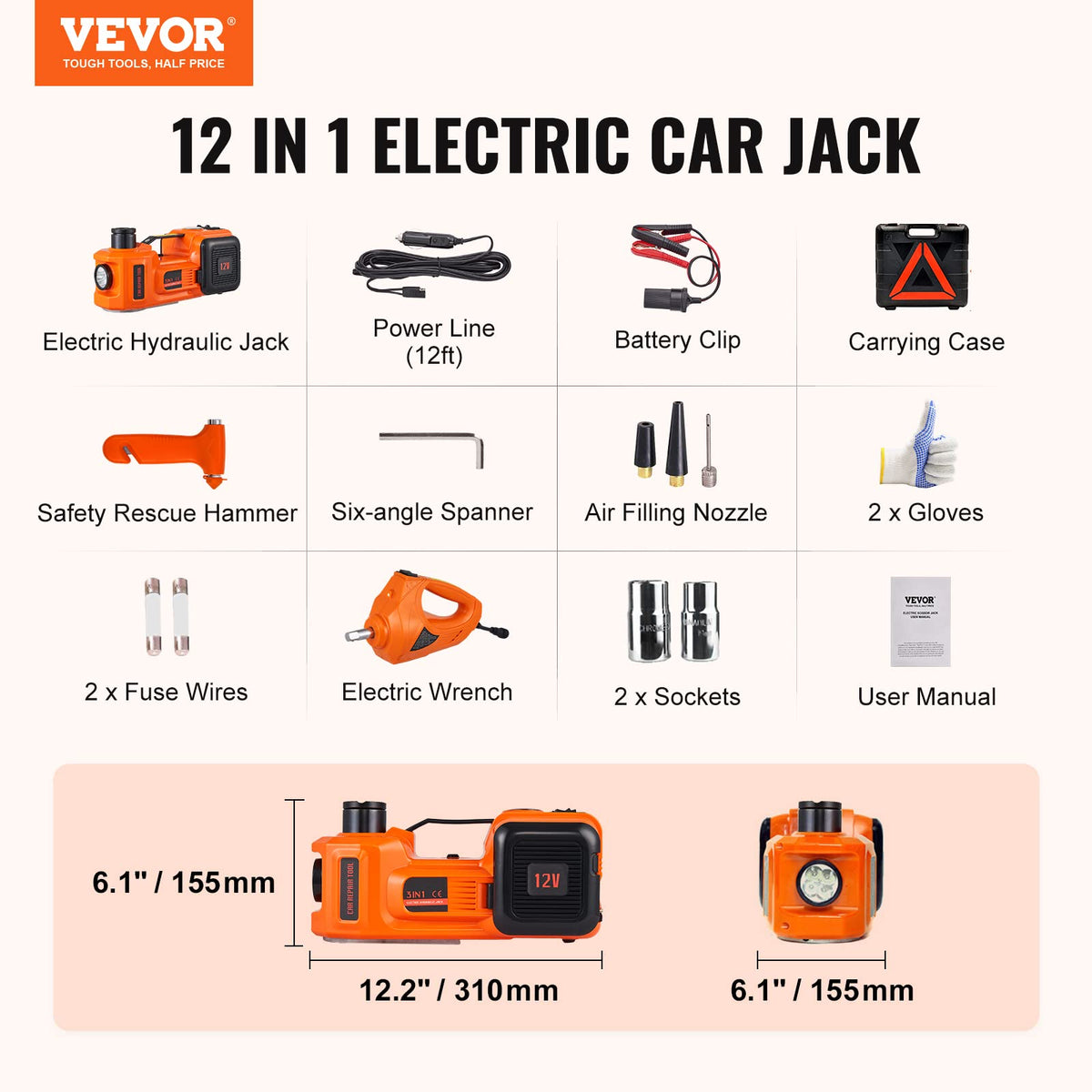 VEVOR Electric Car Jack 5 Ton with Electric Impact Wrench & Inflator Pump