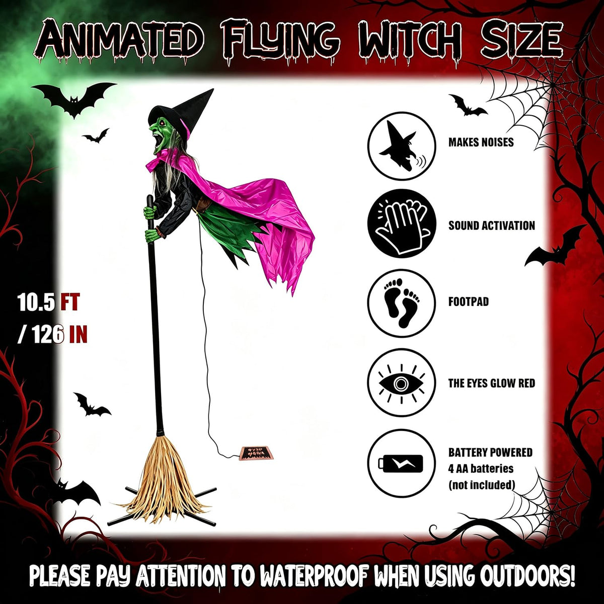 Halloween Decorations Outdoor – 10.5FT Animated Hovering Witch Animatronics with Sound & Footpad Activation – Spooky Flying Witch on Broom Decor for