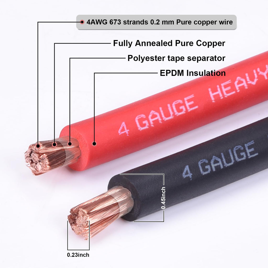 4 Gauge Battery Cable, 10FT Red + 10FT Black 4 AWG Pure Copper Wire Welding Cable, for Automotive, Battery, Solar and Generator, Standard USA OFC Wire