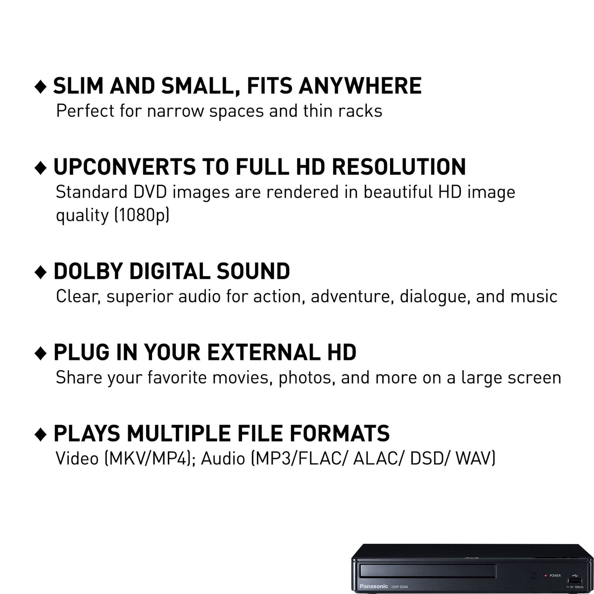 Panasonic Blu-Ray Player with Full HD Picture Quality and Hi-Res Dolby Digital Sound, DMP-BD84P-K Blu Ray DVD Player, Black