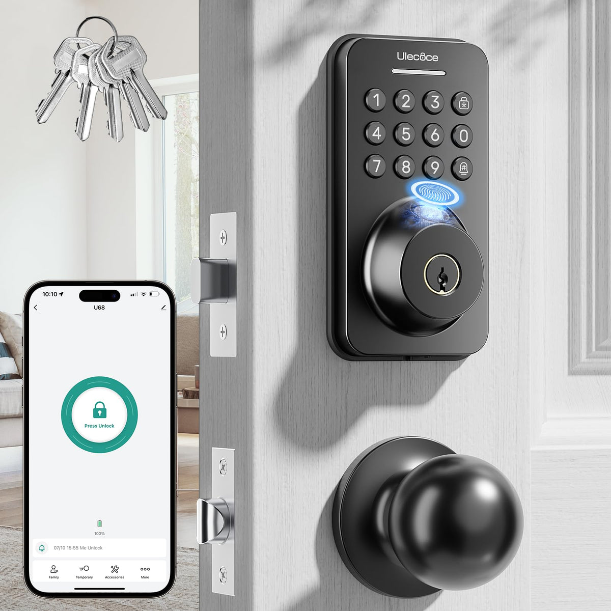 U68 Fingerprint Keypad Deadbolt with Knob Set, Matte Black