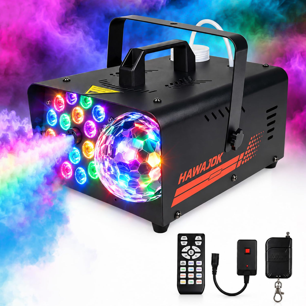 1000W Fog Machine, 4500CFM Output Smoke Machine with Disco Ball Lights, 18 Color LED Effects, Wireless Remote Control, Perfect for Halloween, DJ