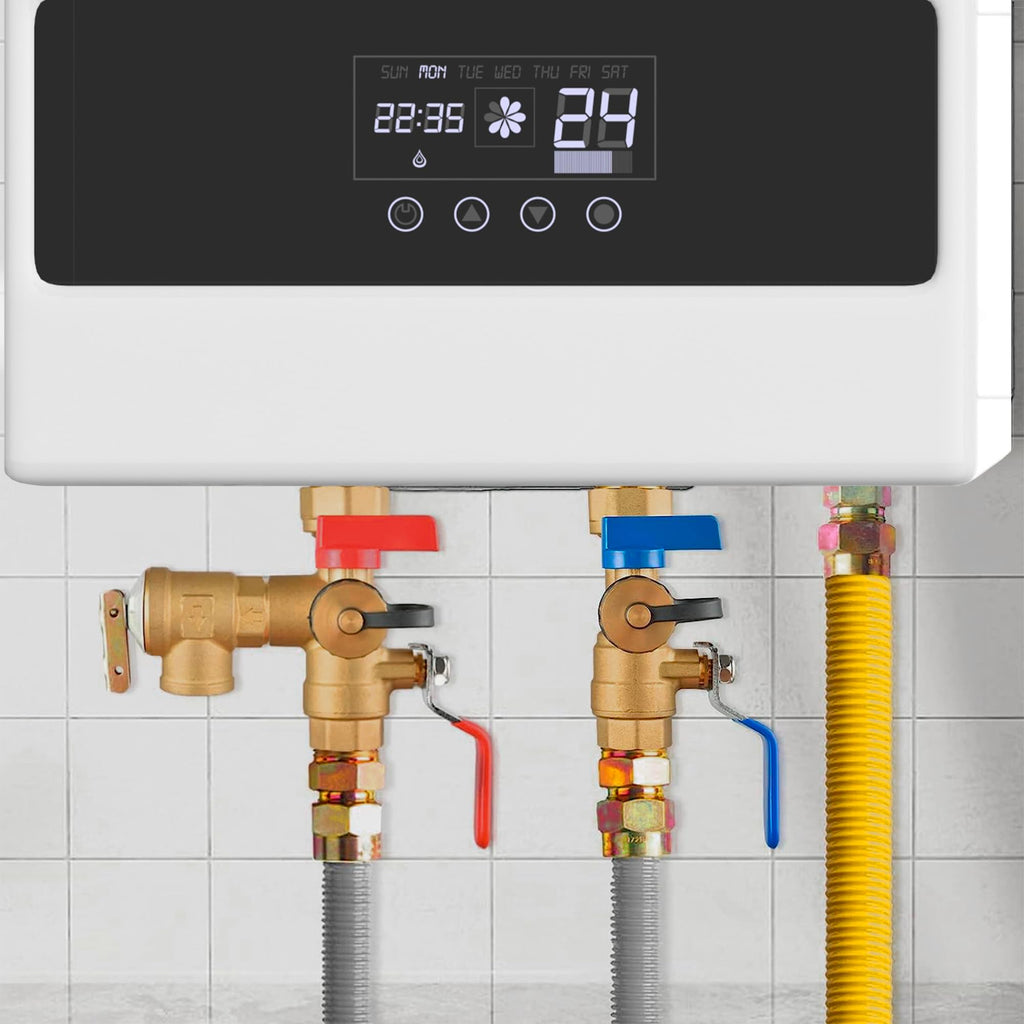 LIULO TOOL 3/4 Inch IPS Isolator Tankless Water Heater Service Valve Kit, with Pressure Relief Valve, Clean Brass