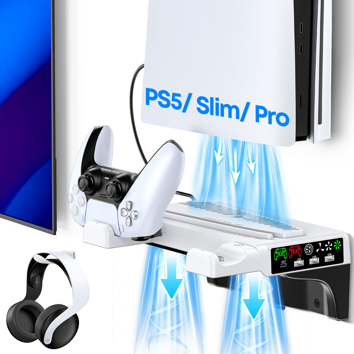 PS5/Slim/Pro Wall Mount Kit with Cooling Fan & Charging Station, PS5 Shelf Floating Mount for All PlayStation 5/Slim/Pro Disc & Digital Console, PS 5